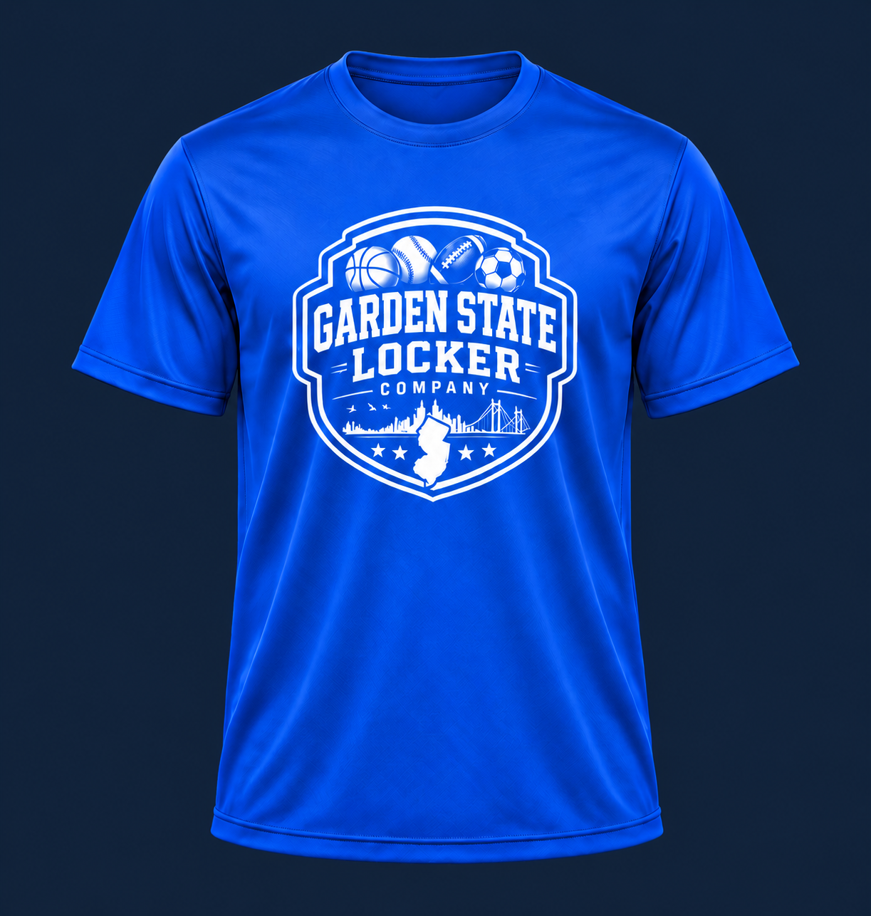 Complete blue GSLC recreational performance tee, Bronze Elite example