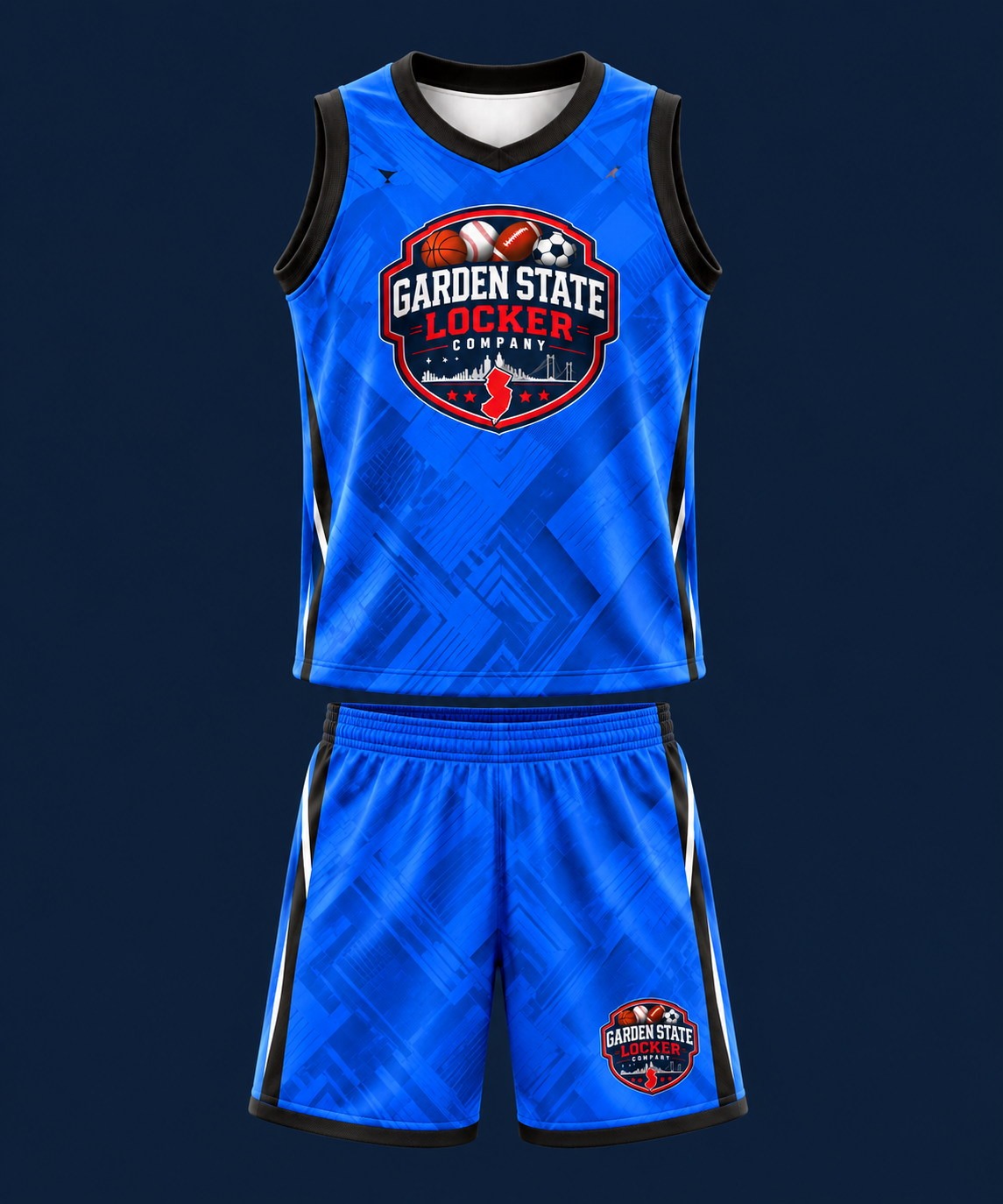Blue GSLC sublimated jersey with matching sublimated shorts, Gold Elite example