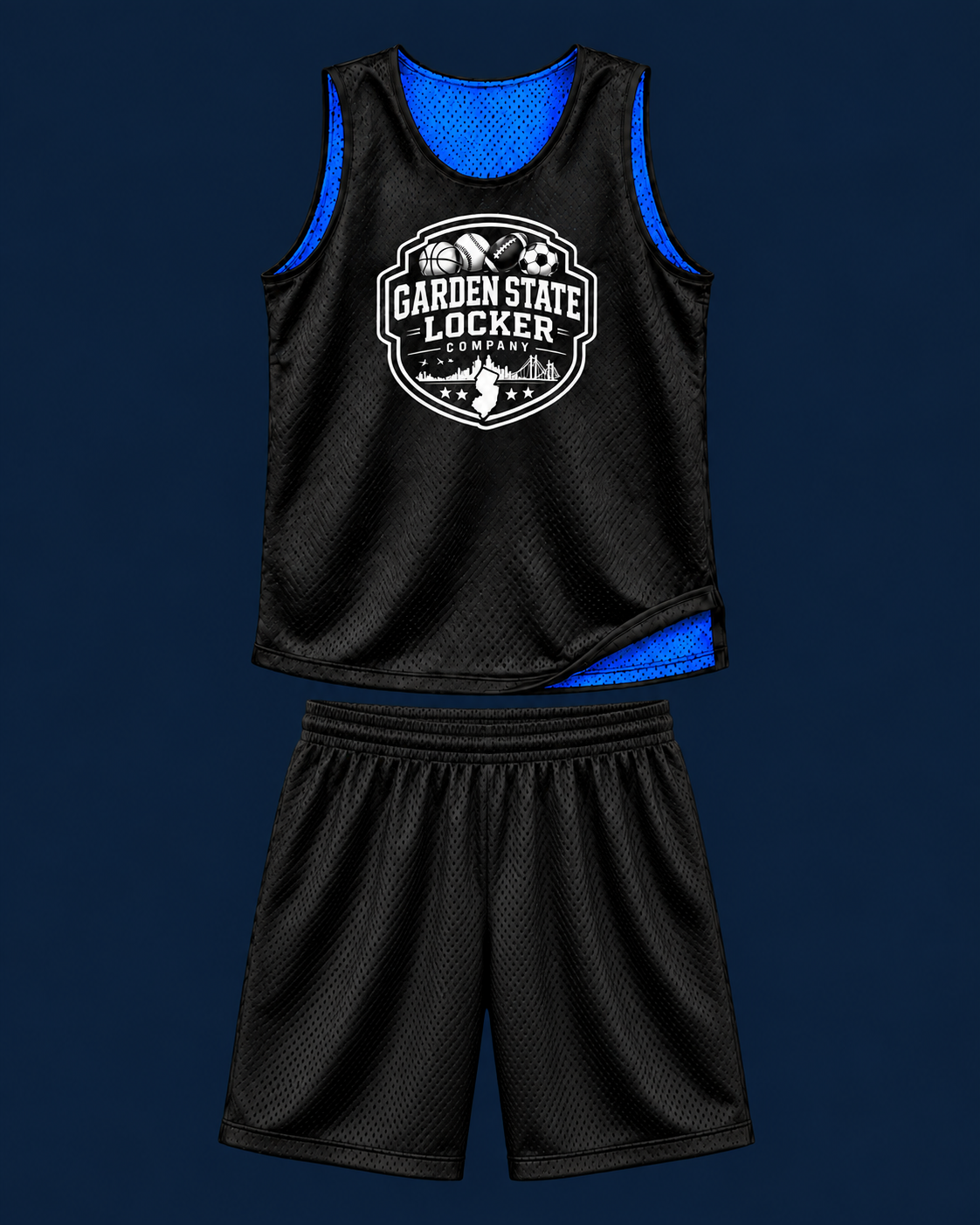 Black and blue GSLC reversible mesh penny with plain black stock shorts, Silver Elite example